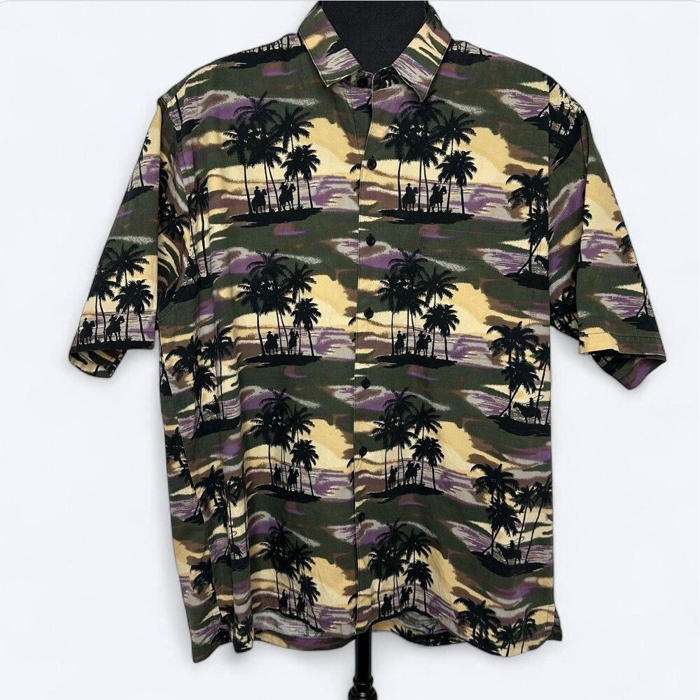Vtg Roper Button Up Shirt Mens Sz M Cowboys Palm‎ Trees Sunset Graphic Hawaiian